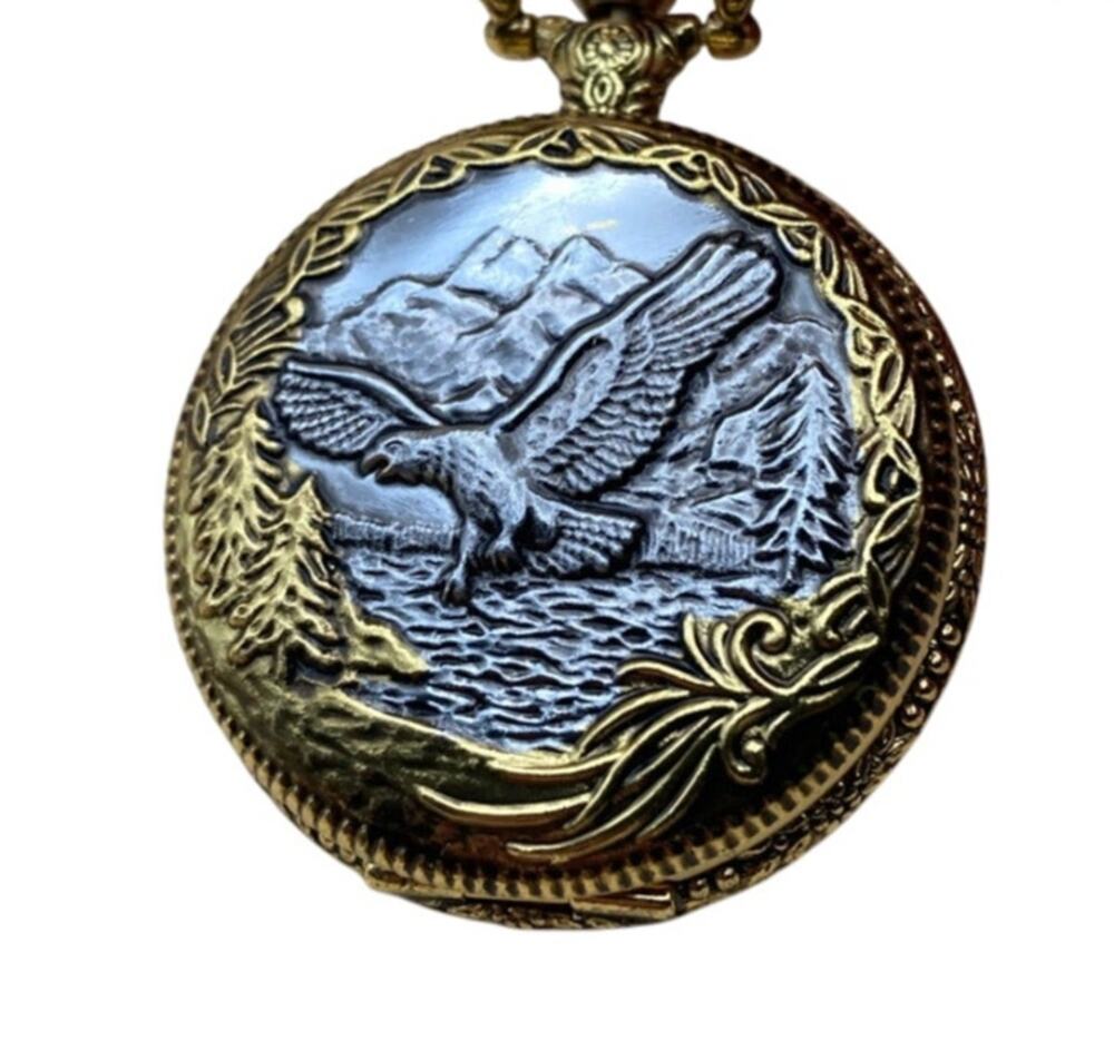 Full Hunter Pocket Watch Date Time Chain Clip 3d Eagle - New Battery VS Brand